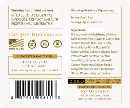 CBD Dog Treats by Joy Organics, 60mg, Label