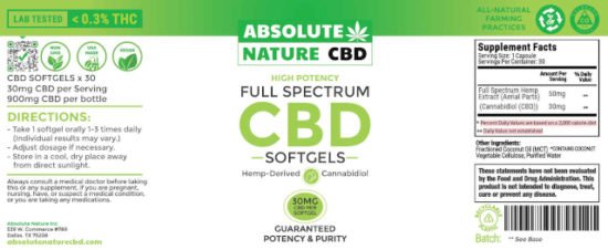 Full-spectrum CBD Softgels by Absolute Nature, 900mg, label